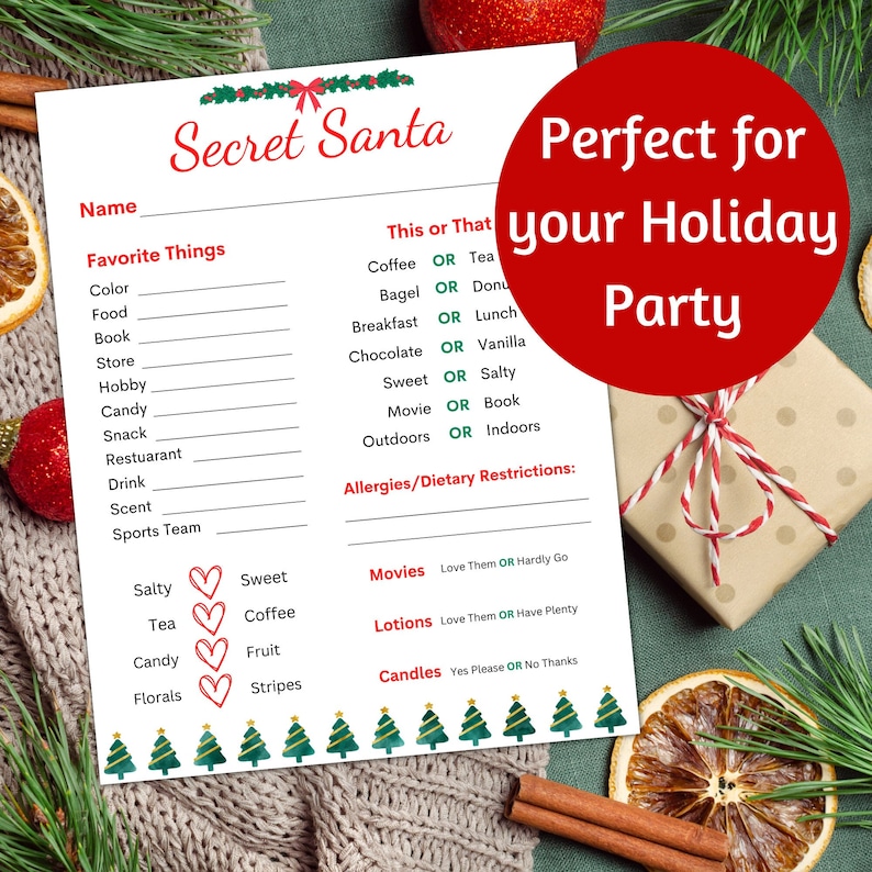 Secret Santa Questionnaire for Coworkers and Teachers, Office Gift
