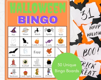 Halloween Bingo, 30 Halloween Bingokaarten, Halloween Activiteit, Kids Halloween Party Game, Halloween Klas Activiteit, Leuke Halloween Bingo