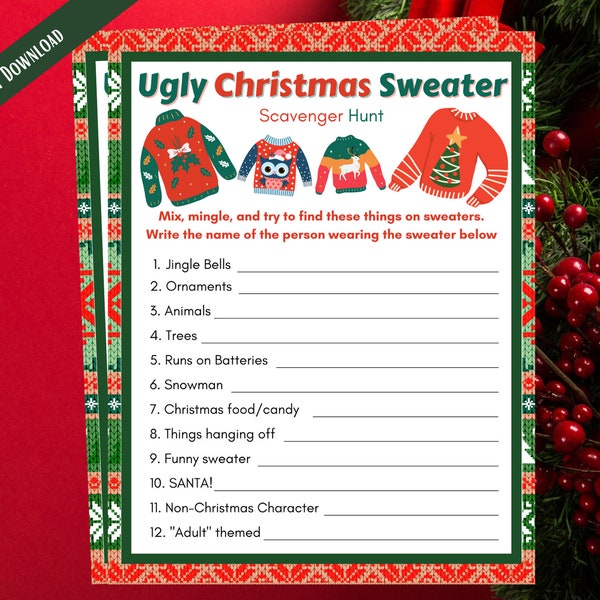 Ugly Holiday Sweater Scavenger Hunt Party Game, Find Someone Who Icebreaker Christmas Game