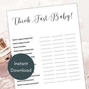 Think Fast Scattergories Baby Shower Game, Simple Black and White Boy Girl Gender Neutral Baby Shower Ideas