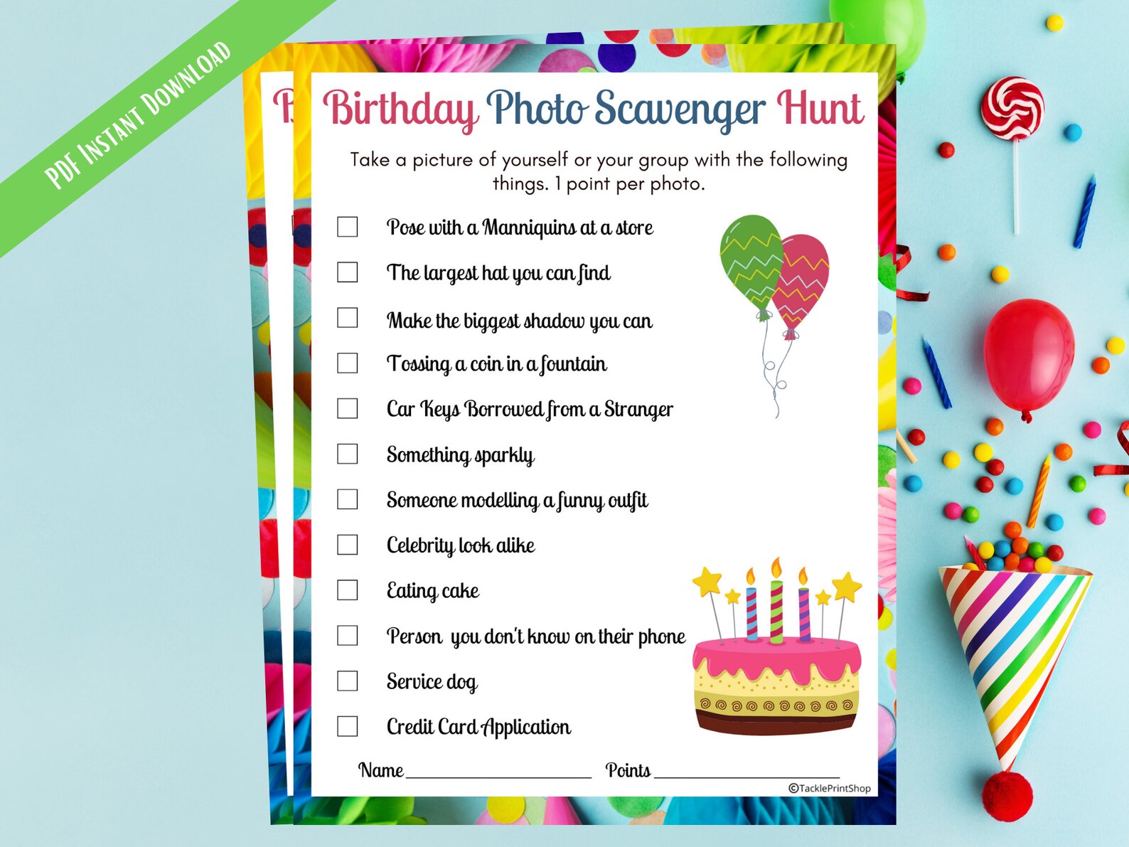 Printable Birthday Selfie Challenge Photo Scavenger Hunt Party Game