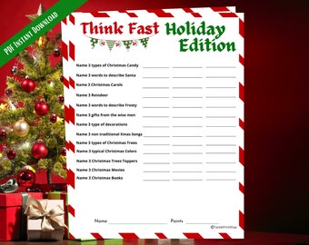 Think Fast Printable Scattergories Christmas Party Game, Jeux de Noël pour la famille, Jeux Holdiay pour adultes, Minute pour le gagner