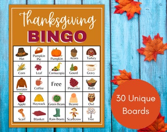 Thanksgiving Bingo, 30 Thanksgiving Bingo Cards, Thanksgiving Activity, Kids Thanksgiving Party Game, Thanksgiving Classroom Activity