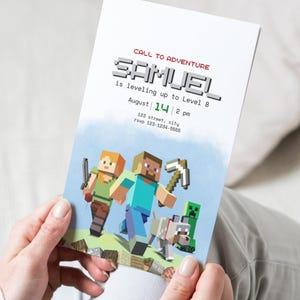 May include: A white invitation card with the text "CALL TO ADVENTURE" and "SAMUEL is leveling up to Level 8". The card features pixelated characters from a video game, including a person with a sword, a person with a pickaxe, a dog, and a green creature.