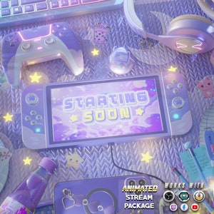 Peut inclure: Une console Nintendo Switch violette et blanche avec un écran affichant "Starting Soon" en rose et blanc. La console est entourée d'autres accessoires de jeu, dont une manette violette et blanche, un casque violet et blanc et un clavier violet et blanc. L'arrière-plan est un tissu tricoté violet et blanc.