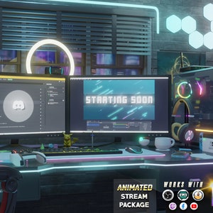 Twitch Animated Overlay Pack for Stream | Gamer HQ | Desk - Computer - Cozy - Vibrant - Neon - RGB - 3d