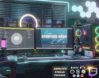 Twitch Animated Overlay Pack for Stream | Gamer HQ | Desk - Computer - Cozy - Vibrant - Neon - RGB - 3d