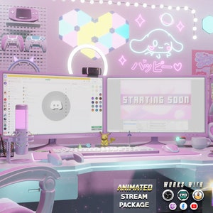 Twitch Animated Cute Overlay Pack for Stream | Gamer HQ | Kawaii - Cute - Girly - Vibrant - Desk - RGB - 3d