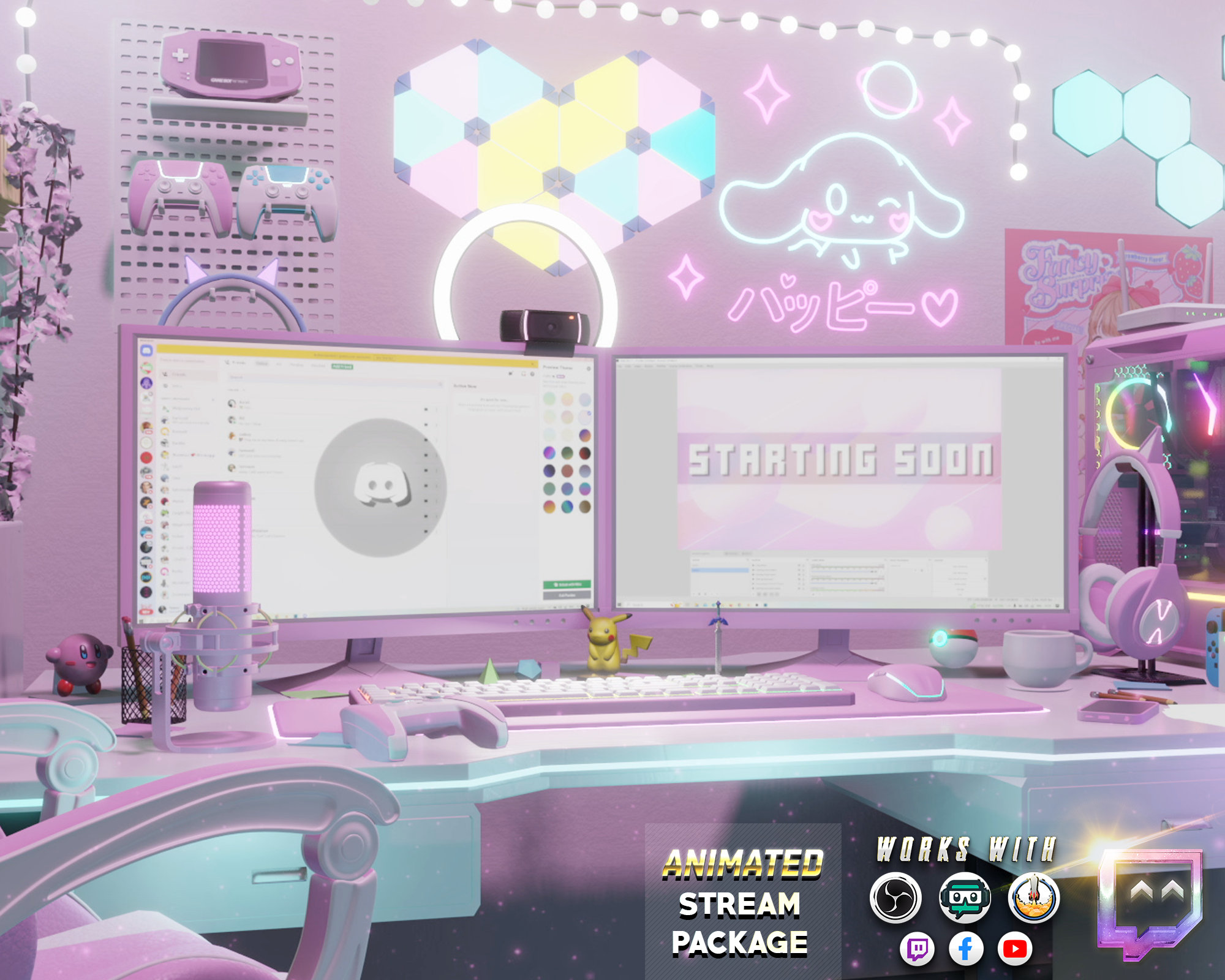 Twitch Animated Cute Overlay Pack for Stream | Gamer HQ | Kawaii - Cute - Girly - Vibrant - Desk - RGB - 3d