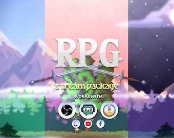 May include: A digital illustration of a fantasy RPG stream package with a green tree and crossed swords in the center. The text "RPG stream package" is written in white with a yellow outline. The text "WORKS WITH" is written in white below the package name.  The image includes logos for Twitch, YouTube, Facebook, Streamlabs, and OBS.