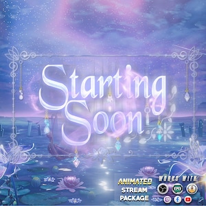 Op de afbeelding: Een paars en blauw geanimeerd streampakket met een sterrenhemel achtergrond en de tekst "Starting Soon". Het pakket werkt met Twitch, YouTube, Facebook en andere platforms.