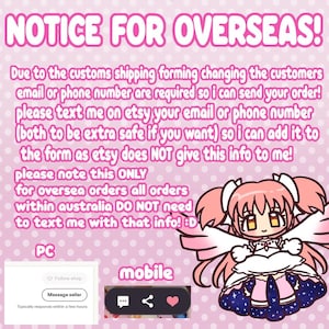 May include: Pink and white graphic with the text "NOTICE FOR OVERSEAS!". The text explains that customers' email or phone number is required for overseas orders. A cartoon character is featured on the right side of the image.