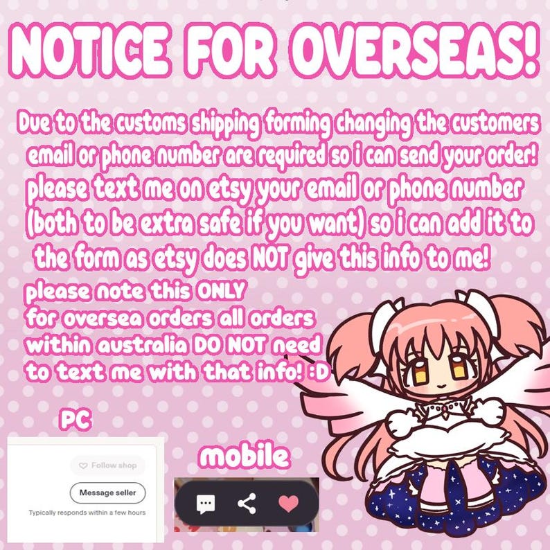 May include: Pink and white graphic with the text "NOTICE FOR OVERSEAS!". The text explains that customers' email or phone number is required for overseas orders. A cartoon character is featured on the right side of the image.