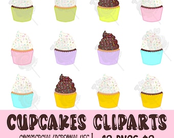 Cliparts de cupcakes dibujados a mano, cupcakes de cumpleaños Clipart para uso digital, camisetas, invitaciones, diseños digitales TMM sin costuras