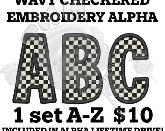 Alfabeto bordado a cuadros negros ondulados, archivo PNG alfa ABC a cuadros negros perfecto para calcomanías de sublimación, transferencias, camisetas, tazas