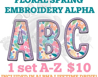 Floral Frühling Stickerei Alphabet, Blumen Frühling ABC alpha PNG Datei perfekt für Abziehbilder Sublimation, Transfers, T-Shirts, Tassen und mehr