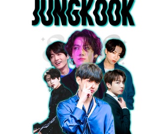 May include: A collage of images featuring a group of young men, with the word "JUNGKOOK" in bold, black letters at the top. The men are all wearing different outfits, and some are smiling while others have serious expressions.
