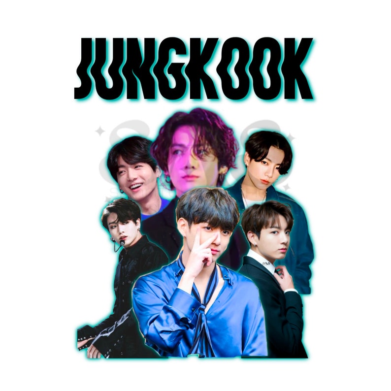 K&ouml;nnte beinhalten: Eine Collage von Bildern, die eine Gruppe junger M&auml;nner zeigt, mit dem Wort "JUNGKOOK" in fetten, schwarzen Buchstaben oben. Die M&auml;nner tragen alle verschiedene Outfits, einige l&auml;cheln, w&auml;hrend andere ernste Gesichtsausdr&uuml;cke haben.