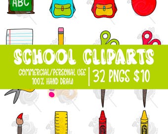 Cliparts escolares dibujados a mano, clipart de regreso a la escuela para uso digital, TMM Digital Designs