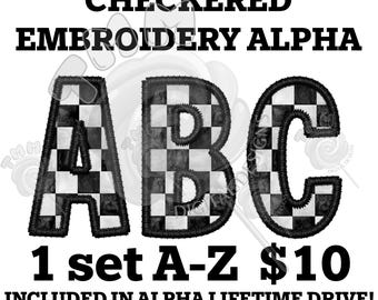 Alfabeto bordado a cuadros negros, archivo PNG alfa ABC a cuadros negros perfecto para calcomanías, sublimación, transferencias, camisetas, tazas y más