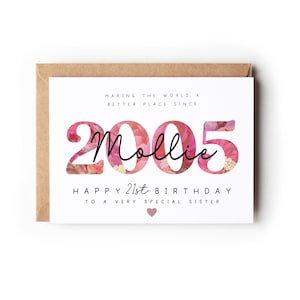 May include: A birthday card with a kraft paper envelope. The card features the year "2005" in a floral design, with the name "Mollie" in cursive. Text reads "Happy 21st Birthday to a very special sister."