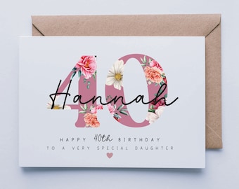May include: A pink floral birthday card with the number 40 and the name Hannah. The card says "Happy 40th Birthday to a very special daughter".
