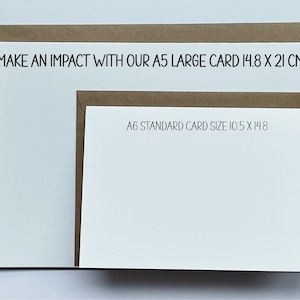 May include: Two brown envelopes with white cardstock inserts. The larger envelope has the text "MAKE AN IMPACT WITH OUR A5 LARGE CARD 14.8 X 21 CM". The smaller envelope has the text "A6 STANDARD CARD SIZE 10.5 X 14.8".