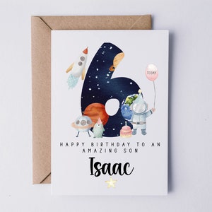 Personalised 6th birthday card for him, space card, 6th birthday card for son, grandson, nephew, godson, friend, boy, 6 today