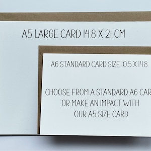 May include: Two brown envelopes with white card inserts. The larger envelope is labeled "A5 LARGE CARD 14.8 X 21 CM". The smaller envelope is labeled "A6 STANDARD CARD SIZE 10.5 X 14.8". The text on the card inserts reads "CHOOSE FROM A STANDARD A6 CARD OR MAKE AN IMPACT WITH OUR A5 SIZE CARD".