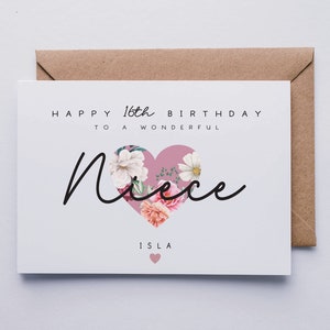 May include: A white card with a pink heart with floral designs. The text on the card reads "Happy 16th Birthday to a Wonderful Niece Isla".