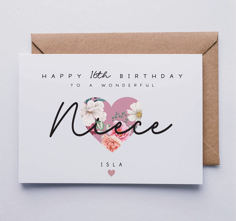 May include: A white card with a pink heart with floral designs. The text on the card reads "Happy 16th Birthday to a Wonderful Niece Isla".
