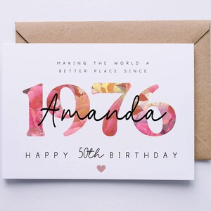 50th birthday card, personalised 50th birthday card for her, friend, auntie, sister, wife, godmother, lady, floral card, fifty image 3