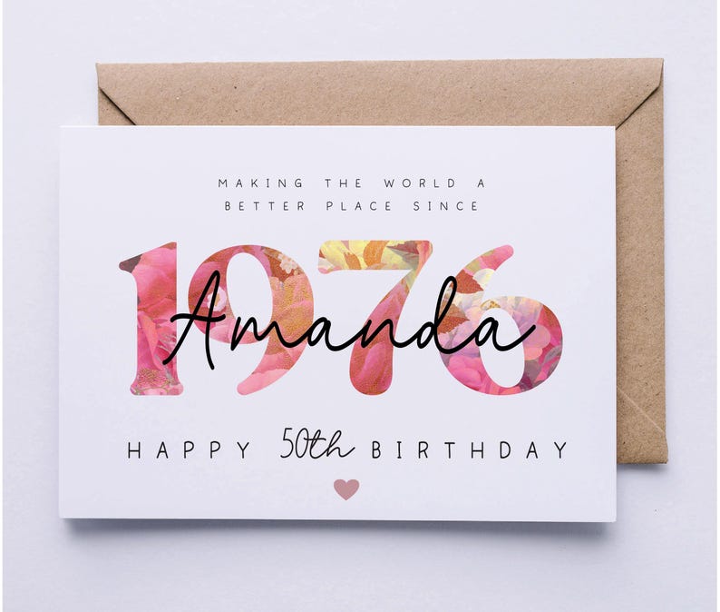 50th birthday card, personalised 50th birthday card for her, friend, auntie, sister, wife, godmother, lady, floral card, fifty image 3