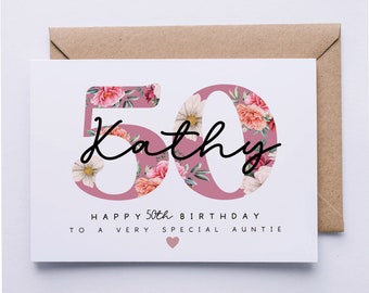 50th birthday card, personalised 50th birthday card for her, wife, friend, auntie, cousin, sister, floral card, fortieth card