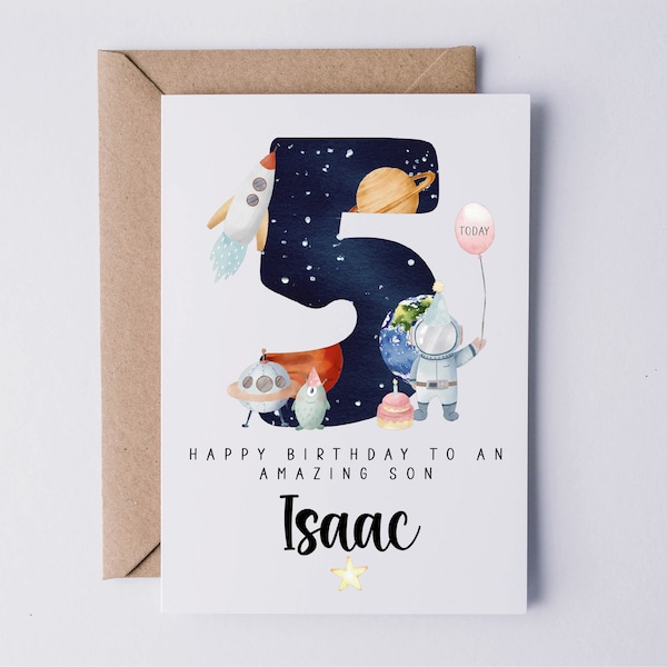 Personalised 5th birthday card for him, space card, fifth birthday card, 5 today, 5th card for son, grandson, nephew, godson, friend, boy