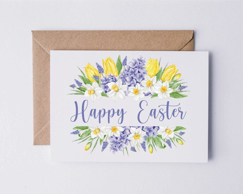 May include: A white card with a floral design of yellow tulips, white daffodils, and purple hyacinths. The text "Happy Easter" is printed in a purple font.