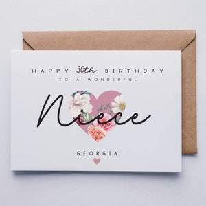 May include: A white card with a pink heart with floral designs. The text on the card reads "Happy 30th Birthday to a Wonderful Niece Georgia".