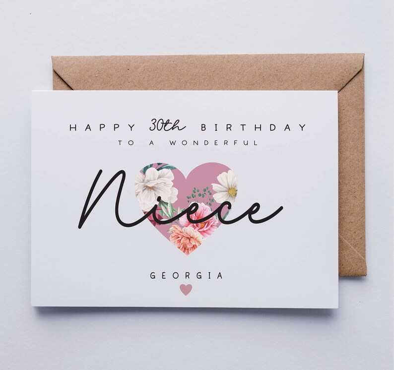 May include: A white card with a pink heart with floral designs. The text on the card reads "Happy 30th Birthday to a Wonderful Niece Georgia".