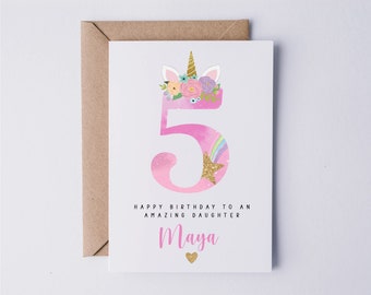 Personalised 5th birthday card for her, unicorn card, fifth birthday card, 5 today, card for daughter, granddaughter, niece, goddaughter