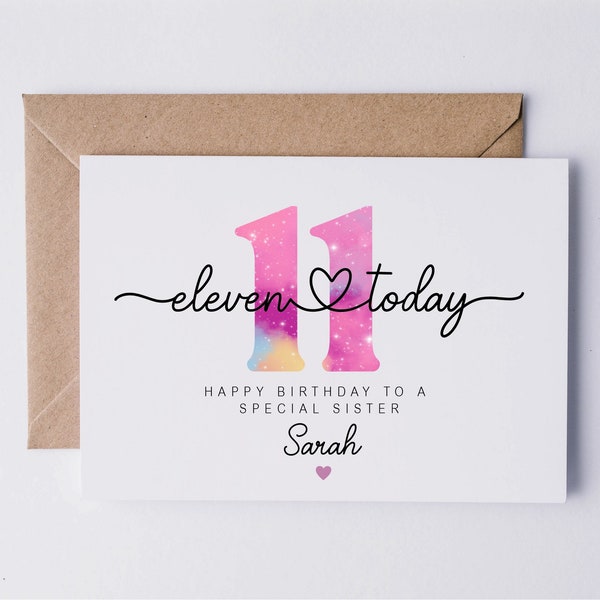 Personalised 11th birthday card, eleventh birthday card for her, eleven, birthday girl, 11 today, daughter, granddaughter, friend, niece