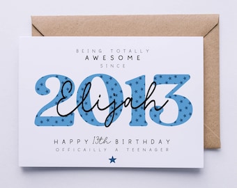 Personalised 13th birthday card, teenager card for him, 13 today, happy 13th birthday card,  son, grandson, friend, nephew, brother, godson
