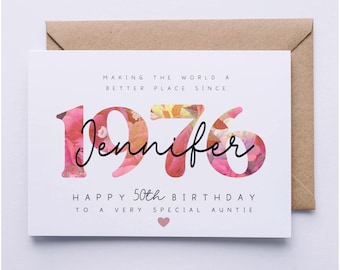 Tarjeta de 50 cumpleaños, tarjeta personalizada de 50 cumpleaños para ella, amiga, tía, hermana, esposa, madrina, dama, tarjeta floral, cincuenta