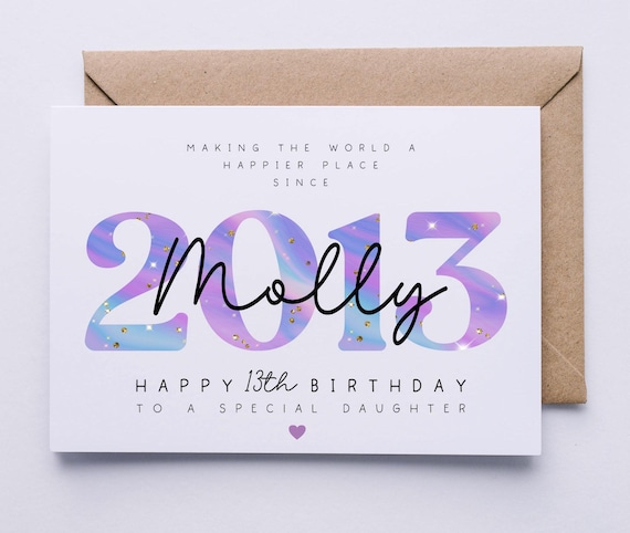 Personalised 13th birthday card, teenager card for her, 13 today, happy 13th birthday card,  daughter, granddaughter, friend, niece, sister