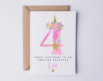 Personalised 4th birthday card for her, unicorn card, fourth birthday card, 4 today, card for daughter, granddaughter, niece, goddaughter,