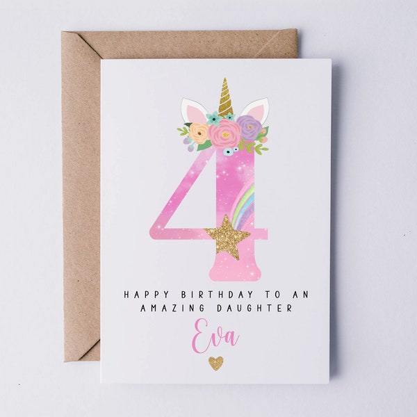 Personalised 4th birthday card for her, unicorn card, fourth birthday card, 4 today, card for daughter, granddaughter, niece, goddaughter,