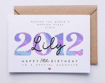 Personalised 14th birthday card, fourteenth birthday card for her, daughter, granddaughter, friend, sister, niece, goddaughter, 2012 card