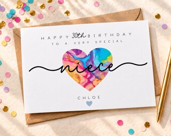 May include: A white greeting card with the text Happy 30th Birthday to a very special niece. The card features a central heart with a colorful marbled pattern in pink, blue, and yellow, with the name Chloe and a small blue heart below.