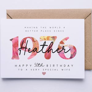 50th birthday card, personalised 50th birthday card for her, friend, auntie, sister, wife, godmother, lady, floral card, fifty image 2