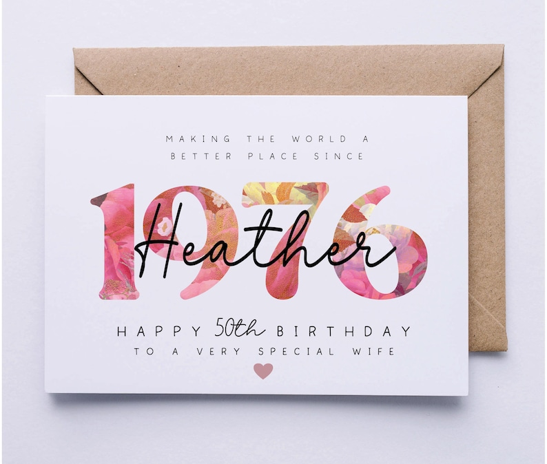 50th birthday card, personalised 50th birthday card for her, friend, auntie, sister, wife, godmother, lady, floral card, fifty image 2