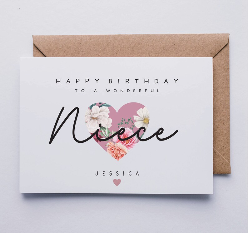 May include: Happy birthday to a wonderful niece card with a pink heart with floral design and the name Jessica.